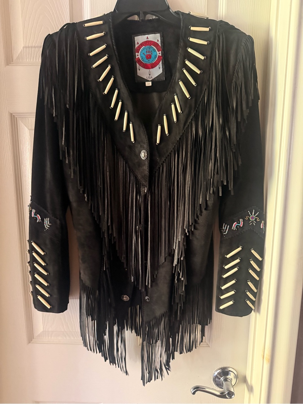 Black Fringed Leather Jacket with Bone Accents